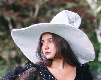 Beatrice Extra Large Brim Witch Hat in White Felt, crooked witch hat, ren faire hat, sorceress hat, hedge witch hat, classic witch hat