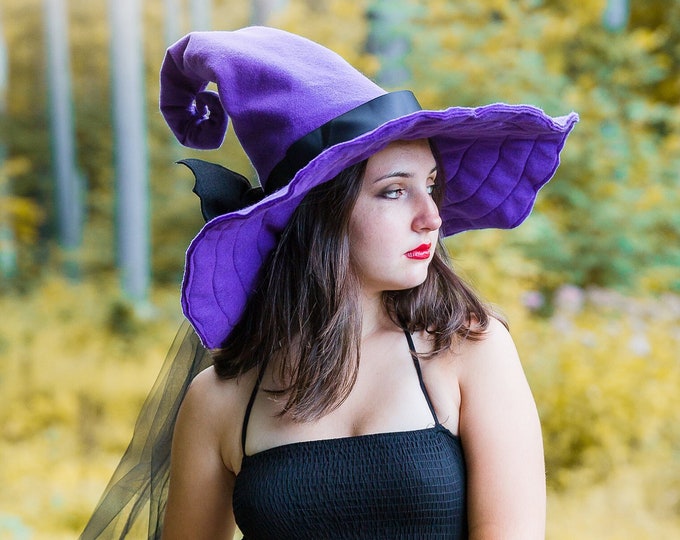 Estella the Curl Back Purple Witch Hat in Felt, Crooked Witch Hat, Ren Faire Hat, Hedge Witch