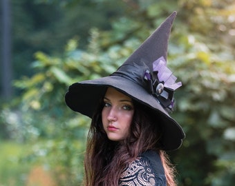 Phoebe Black Felt Witch Hat with Purple Velvet Ribbon and Cameo
