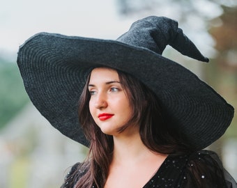 Beatrice Extra Large Brim Witch Hat in Charcoal Felt, crooked witch hat, ren faire hat, sorceress hat, hedge witch hat, classic witch hat