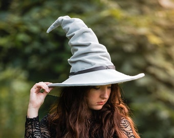 Freya Light Grey Felt Wizard Hat: Crooked Witch, Halloween/Ren Faire Costume
