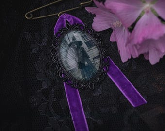 Vintage Young Witch Victorian Brooch with Kilt Pin and Velvet Ribbon, Witch Hat Accessory, Halloween Accessory, Witchcore Jewelry