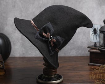 Ophelia Vintage Style Black Felt Witch Hat: Coffee Velvet Ribbon with Bow & Bird Skull Pin, Dark Academia