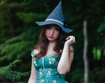 Hagatha Charcoal Petite Witch Hat: Grey Velvet Ribbon, Dark Academia Halloween/Ren Faire Costume