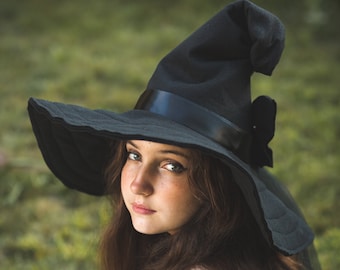 ETSY DESIGN AWARD Entry Tish the Black Felt Witch Hat with Bat and Rose, crooked witch hat, wizard hat, large brim witch hat, ren faire hat