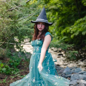 Hagatha Charcoal Felt Witch Hat with Grey Velvet Bow, Halloween/Ren Faire Costume