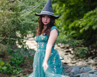 Hagatha Charcoal Felt Witch Hat with Grey Velvet Bow, Halloween/Ren Faire Costume