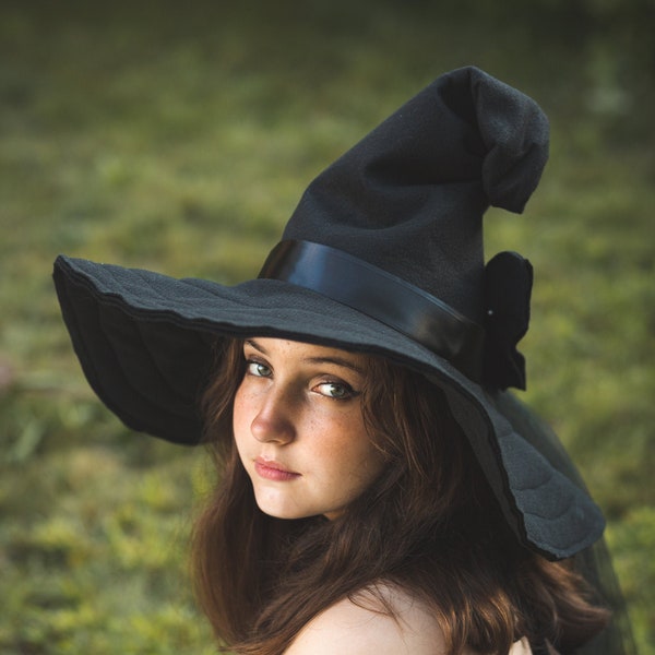 Tish~ Side Crooked Black Felt Witch Hat: Large Brim, With Bat Bow and Rose Decoration or Satin Bow