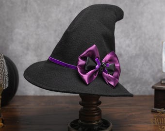 Ophelia Vintage Style Felt Witch Hat: Purple Velvet Ribbon & Bird Skull Bow, Dark Academia