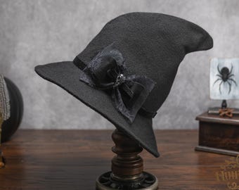Ophelia Vintage Style Black Felt Witch Hat: Lace and Velvet Bow & Bird Skull Pin, Dark Academia