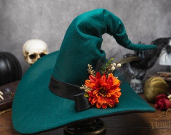 Wren~Witch Hat~Teal Felt,  Wave Back with Autumn Floral