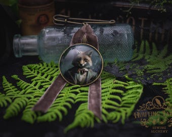 Red Fox in Suit Victorian Brooch Kilt Pin and Velvet Ribbon, Witch Hat Accessory, Halloween Accessory, Witchcore Jewelry