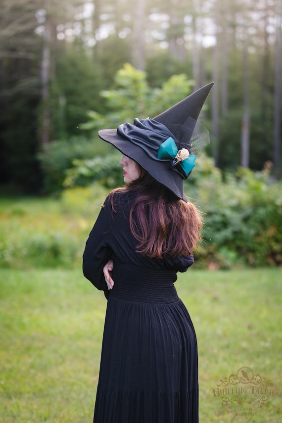 Raven Black Felt Witch Hat: Bird Skull Bow, Slanted Brim, Ren Faire/Halloween Costume