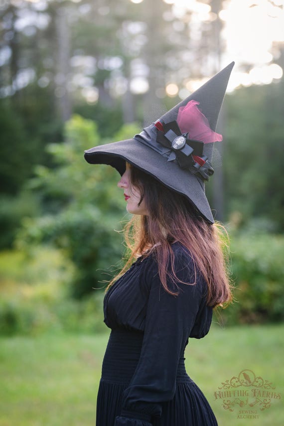 Phoebe Black Felt Witch Hat with Burgundy Velvet Ribbon and Cameo