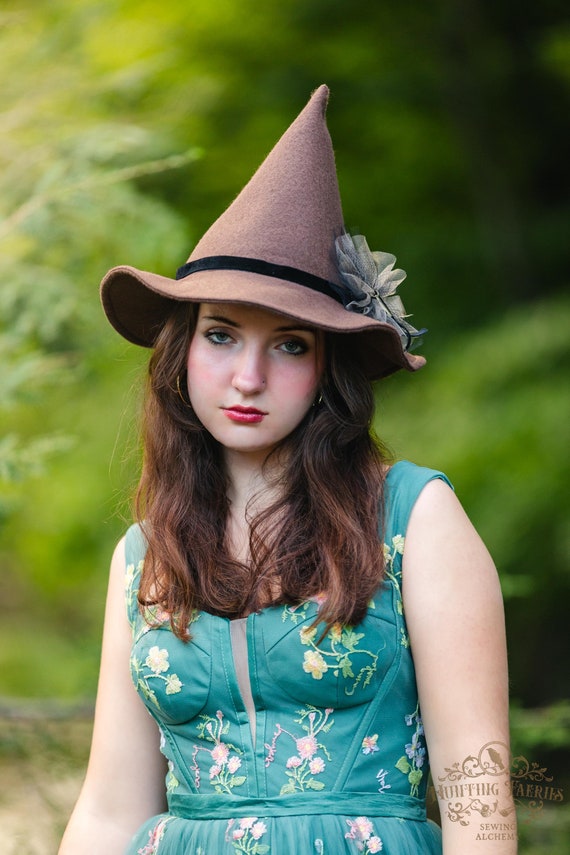 Hagatha the Short Coned Witch Hat in Brown Felt with Feather Pin, petite witch hat, dark academia witch hat, ren faire, modern witch hat