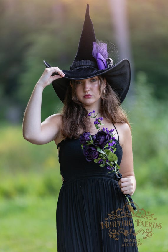 Starling Black Velvet Witch Hat: Purple Bow & Crow Skull - X-Large Brim, Wicked Witch, Goth