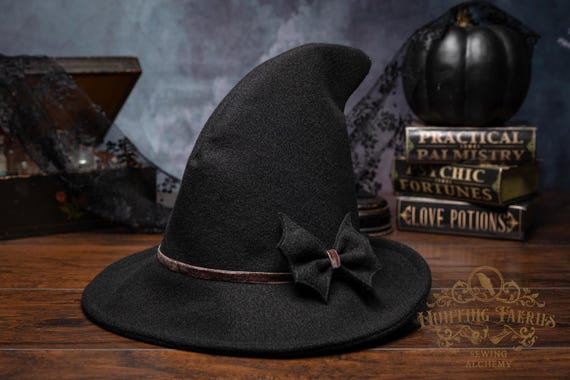 Ophelia Vintage Style Black Felt Witch Hat: Coffee Velvet Ribbon & Bat Pin, Dark Academia