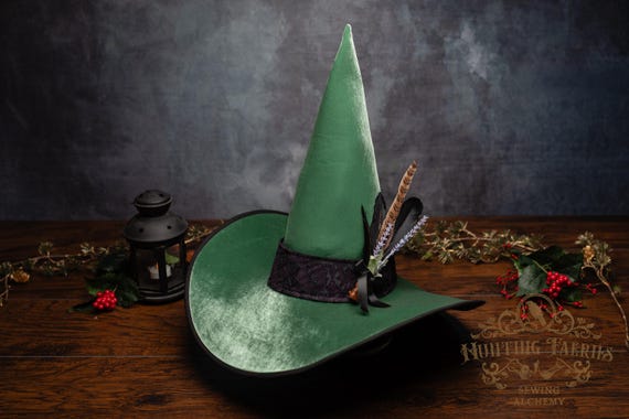 Yule Witch Hat in Green Velvet: Large Brim, Feathers and Lace