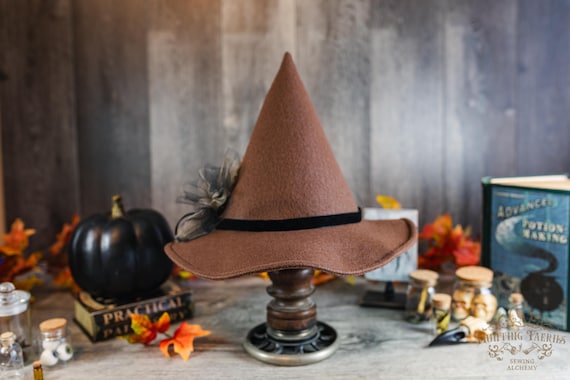 Hagatha the Short Coned Witch Hat in Brown Felt with Feather Pin, petite witch hat, dark academia witch hat, ren faire, modern witch hat