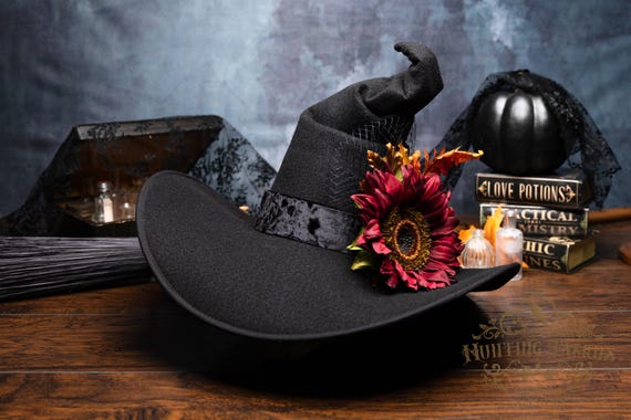 Sonny Black Felt Crooked Witch Hat: Sunflower Adornment, Wide Brim, Halloween/Ren Faire Costume