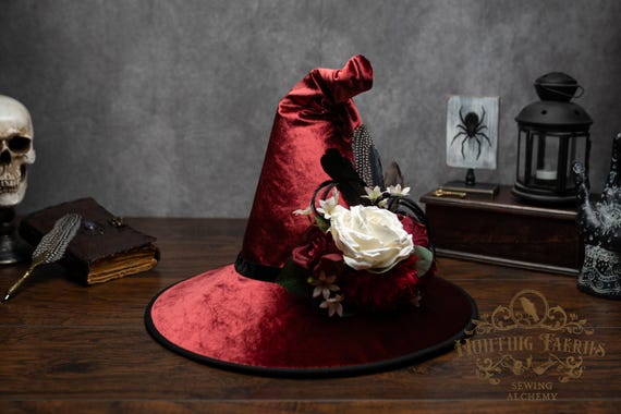 Witch Hat ~Carmine~  Red, Crooked, Feather and Floral Embellishment, Wide Brim