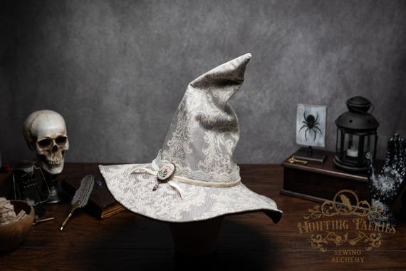 Witch Hat ~Ash~ Slouchy, Damask Linen, Hand Embroidered Pin