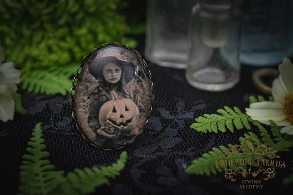 Vintage Print Girl with Pumpkin Pendant Brooch, Witch Hat Accessory, Halloween Accessory, Spooky Vibe Pin