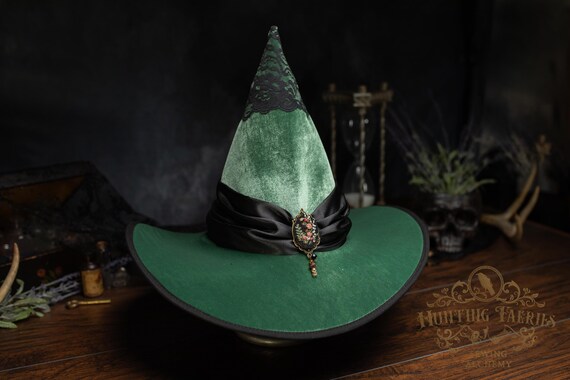 Willow Green Velvet Witch Hat with Hand Embroidered Cameo Pendant