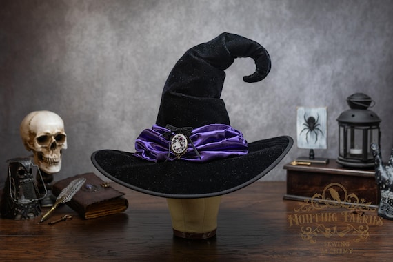Witch Hat ~Holly~ Black Velvet, Purple Scarf with Hand Embroidered Brooch