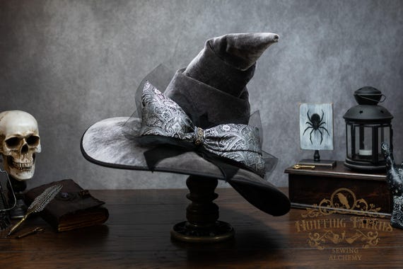 Witch Hat ~Shadow~ Grey, Crooked, Large Bow