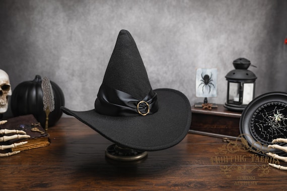 Áine Welsh Witch Hat: Black Felt Sugarloaf hat with Front Buckle, Celtic Witch Hat