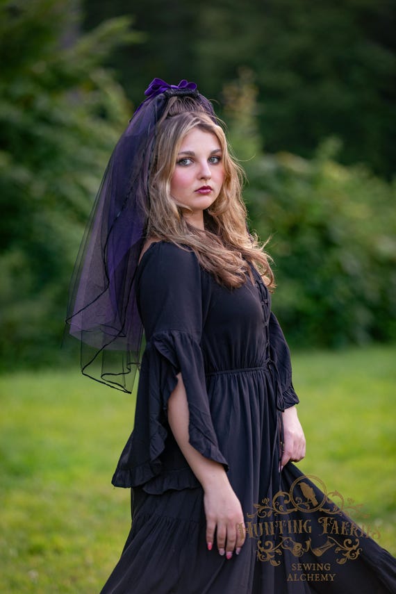 Black and Purple Edged Tulle Veil with Bow Pin, Victorian Mourning Veil, Goth Veil, Wedding Veil, Halloween Costume Headpiece, Costume Veil