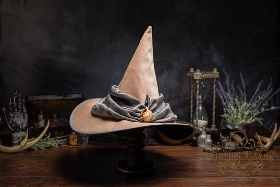 Dusty the Pink and Grey Witch Hat with Scarf and Crow Skull Pin