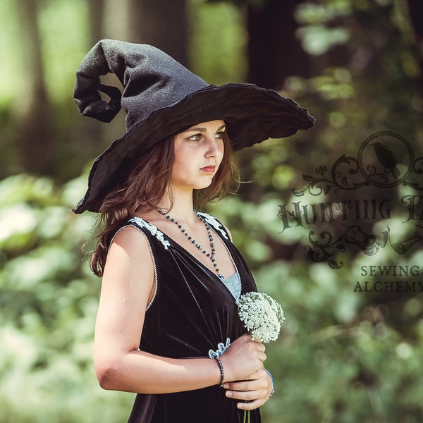Estella~ Curl Back Witch Hat Black Felt: MARTHA STEWART'S Good Things Choice 2023!  Bat Bow & Tulle, Large Brim