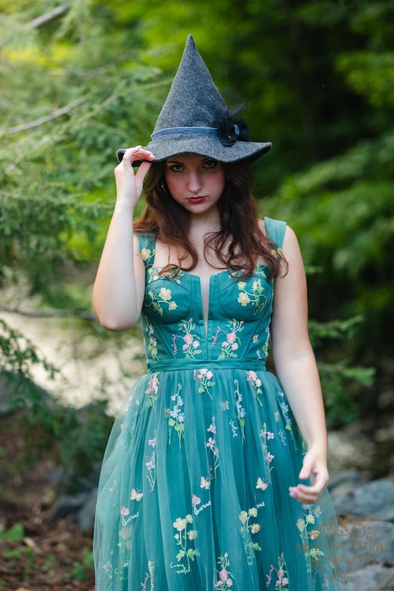 Hagatha the Short Charcoal Witch Hat Slate Velvet Ribbon & Bow petite witch hat, dark academia witch hat, ren faire, cottage core witch hat