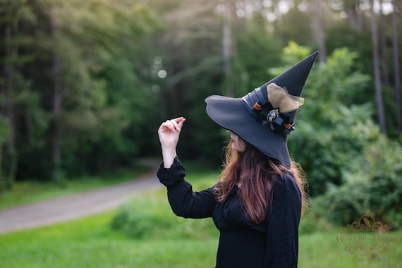 Phoebe Black Felt Witch Hat with Goldenrod Velvet Ribbon and Cameo