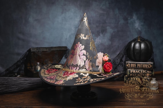 Adeline~Black Floral Brocade Witch Hat: Gold Trim and Floral Accent