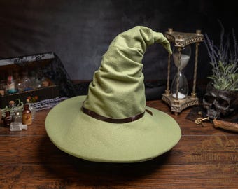 Freya~ Green Moss Felt Wizard Hat: Crooked Witch,  Hedge Witch Costume
