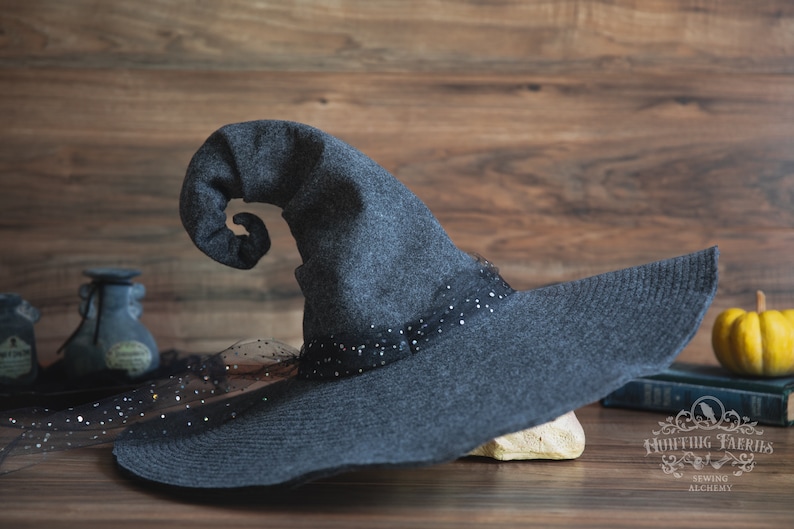 Beatrice Extra Large Brim Witch Hat in Charcoal Felt, crooked witch hat, ren faire hat, sorceress hat, hedge witch hat, classic witch hat Back Curl