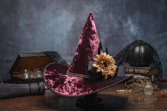 Adeline~Burgundy Witch Hat: Pointed Cone with Bow and Gold Sunflower Decoration