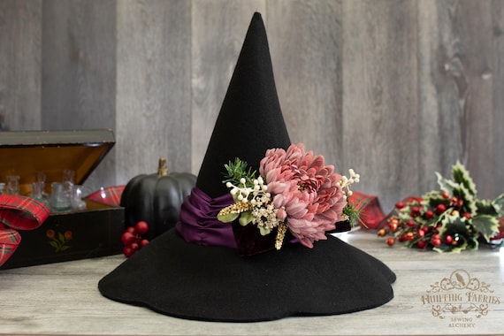 Phoebe Black Felt Witch Hat, Purple ribbon & bow, slanted brim witch hat, wizard hat, ren faire hat, Spring Witch Hat