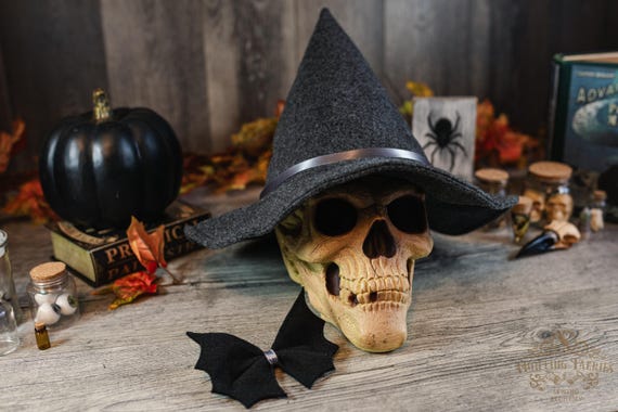Hagatha the Short Charcoal Witch Hat with Grey Satin Ribbon & Bat Bow, petite witch hat, dark academia witch hat, ren faire, cottage core