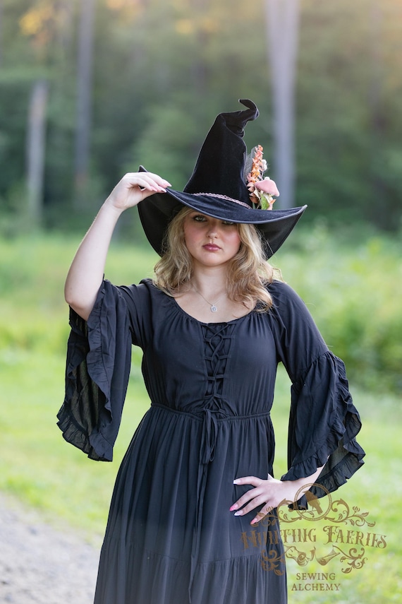 Hester Black Velvet Witch Hat: Forest Foliage, Classic crooked cone, Ren Faire or Halloween Costume