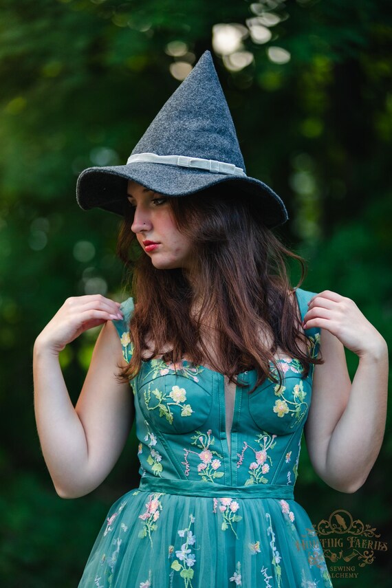 Hagatha the Short Charcoal Witch Hat with Grey Bat Bow, petite witch hat, dark academia witch hat, ren faire, cottage core witch hat