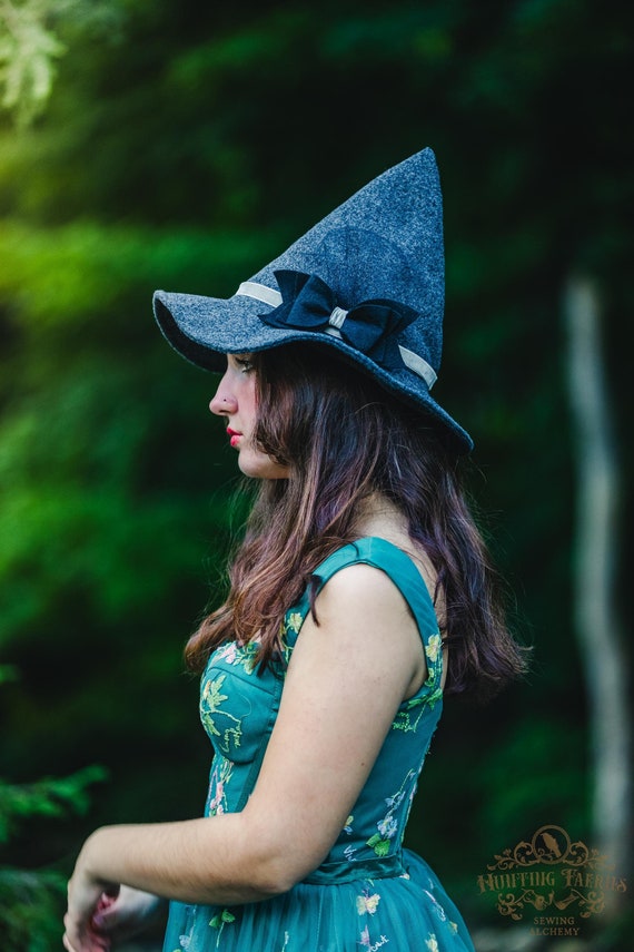 Hagatha the Short Charcoal Witch Hat Grey Velvet Ribbon and Bow petite witch hat, dark academia witch hat, ren faire, cottage core witch hat