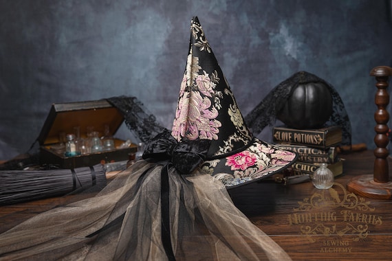 Solstice~ Floral Brocade Witch Hat: Pointy Cone with Velvet Bow and Veil