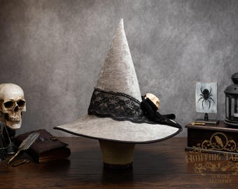 Witch Hat ~Kitty~ Light Grey with Lace and Cat Skull