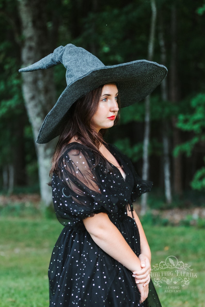 Beatrice Extra Large Brim Witch Hat in Charcoal Felt, crooked witch hat, ren faire hat, sorceress hat, hedge witch hat, classic witch hat image 8