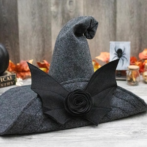 Gwendolyn Crooked Charcoal Felt Witch Hat with Bat: Wide Brim, Halloween/Ren Faire Costume