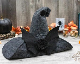 Gwendolyn Crooked Charcoal Felt Witch Hat with Bat: Wide Brim, Halloween/Ren Faire Costume